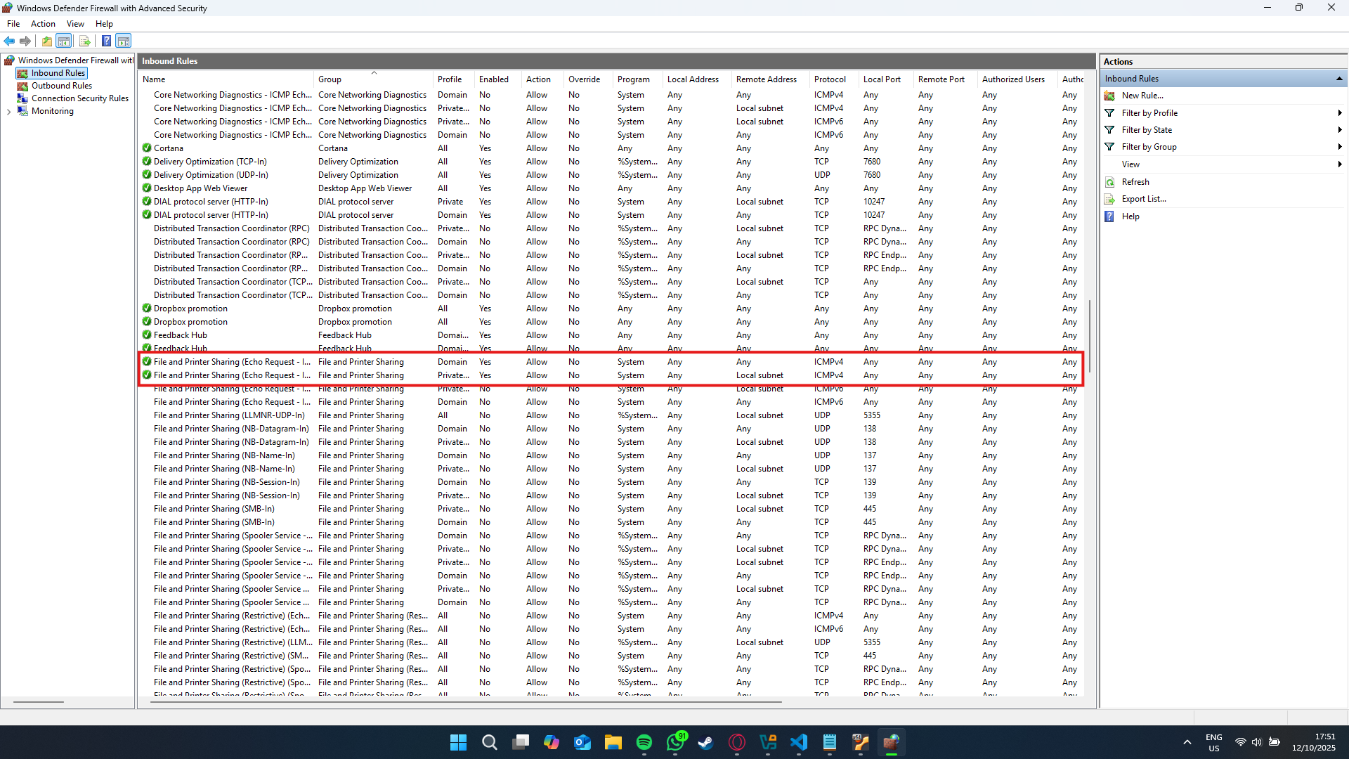 Windows Firewall rule: File and Printer Sharing (Echo Request - ICMPv4-In)