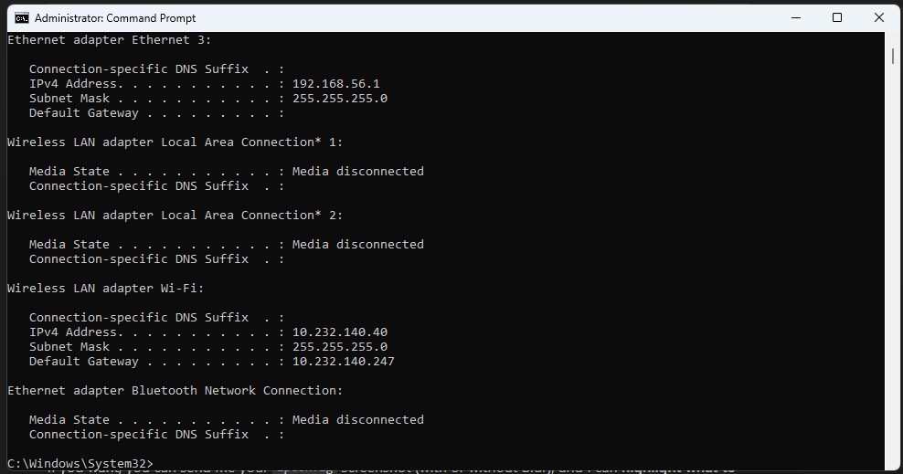Windows terminal showing ipconfig and ping